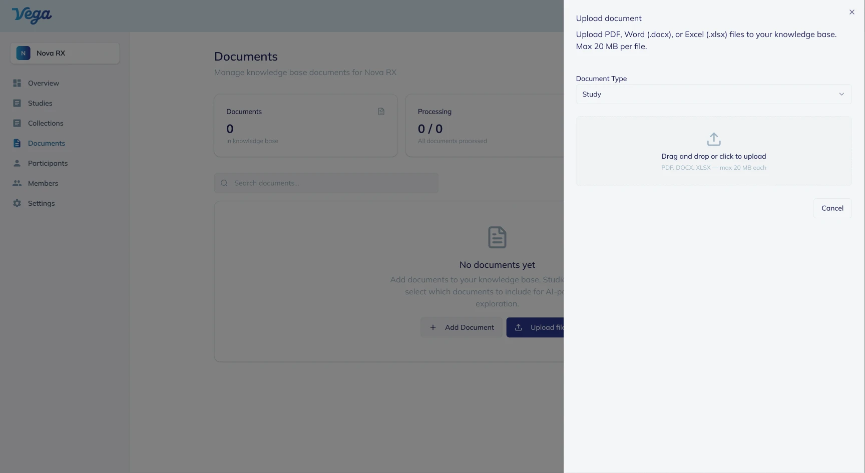 Vega documents screen: uploading PDF, Word, or Excel files to the study’s knowledge base.