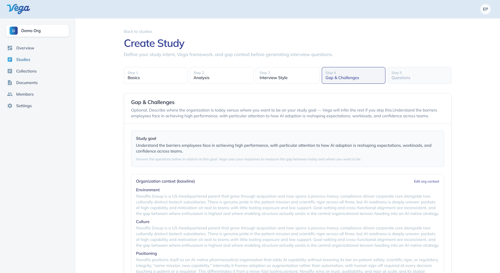 Vega gap and challenges step: the study goal and organization context that train Vega.
